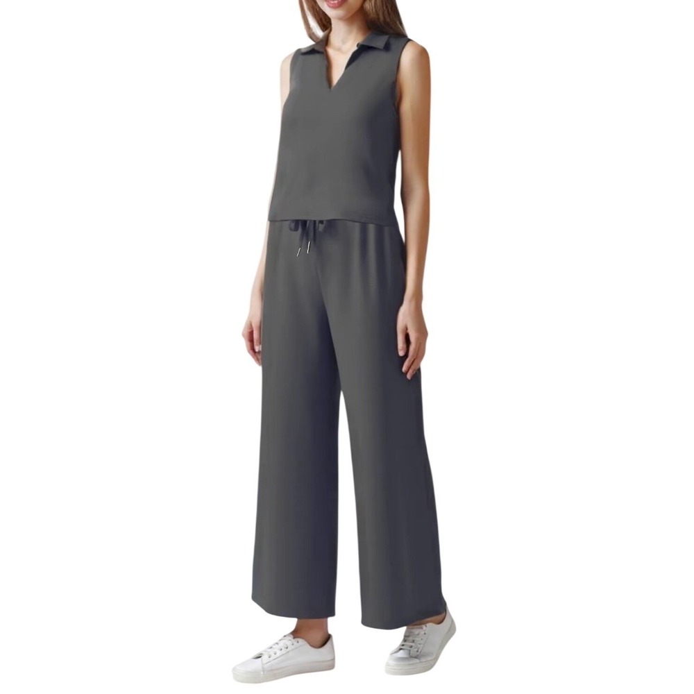 NWOT Coo Chic Gray Sleeveless Size 2X Top/Wide Crop Wide Leg Pants Set V Neck - Picture 3 of 16